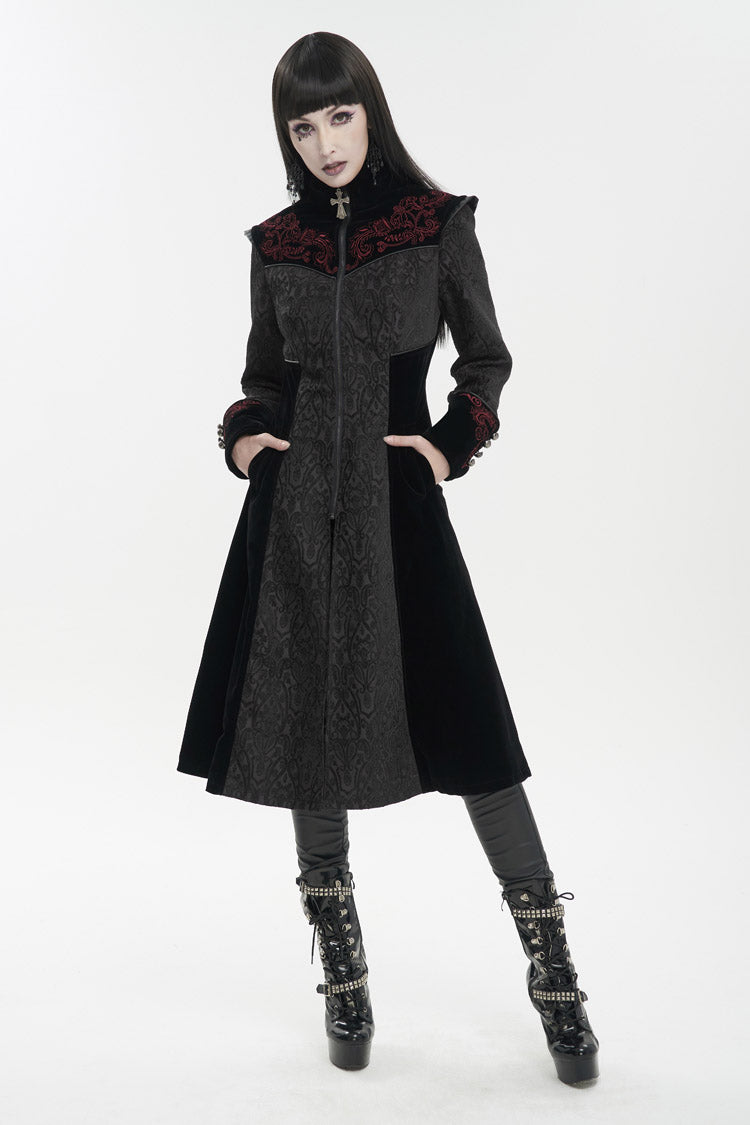 Black Jacquard Studded Mushroom Buckle Metal Cross Embroidered Women's Gothic Coat - Product - 2