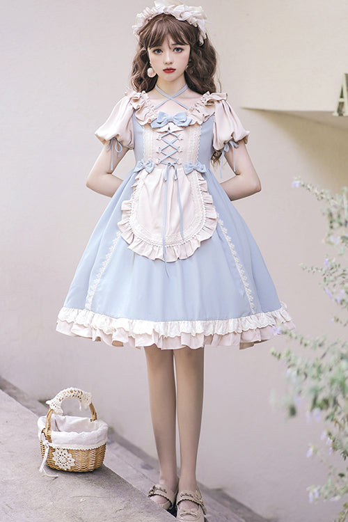 Round Collar Puff Doll Short Sleeves High Waist Bowknot Sweet Lolita Op Dress - Product - 4