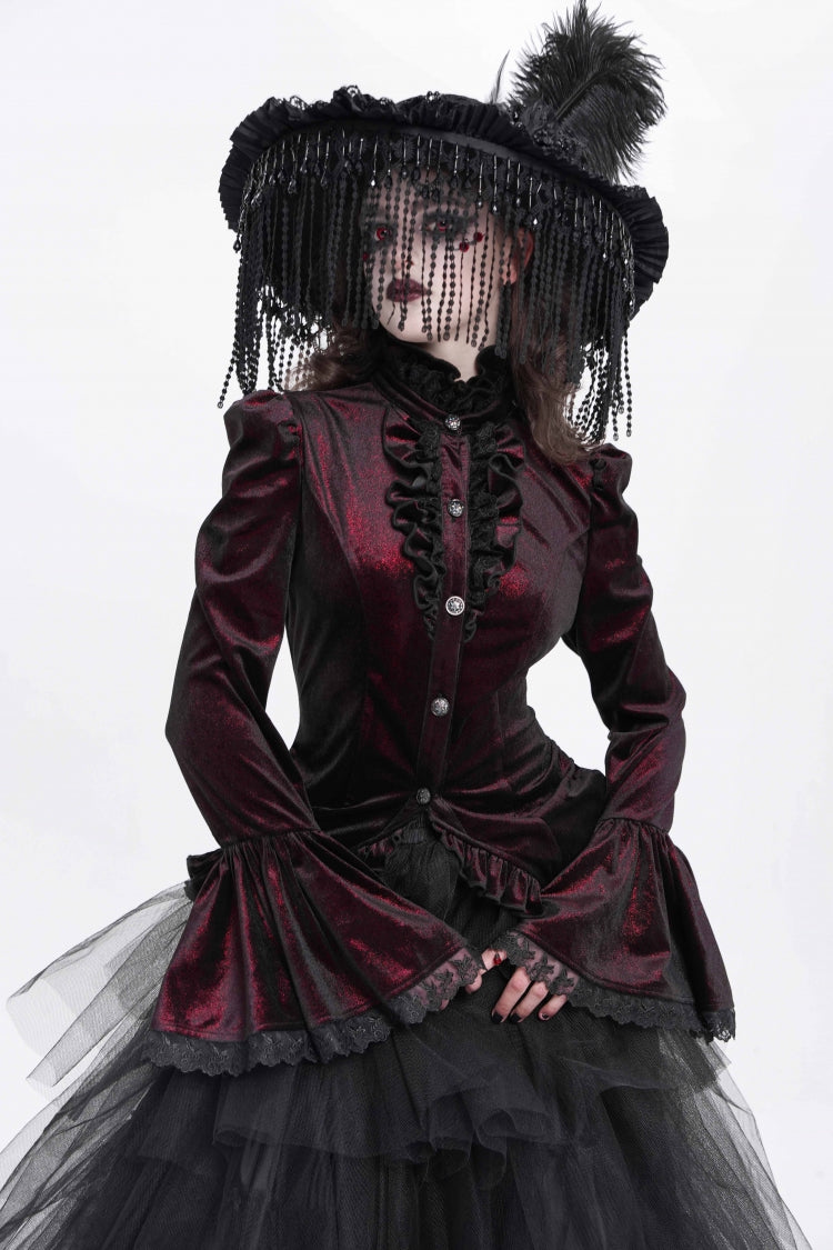 Red Stand Collar Long Trumpet Sleeves Ruffle Swallow-tailed Women's Gothic Blouse - Red - 1
