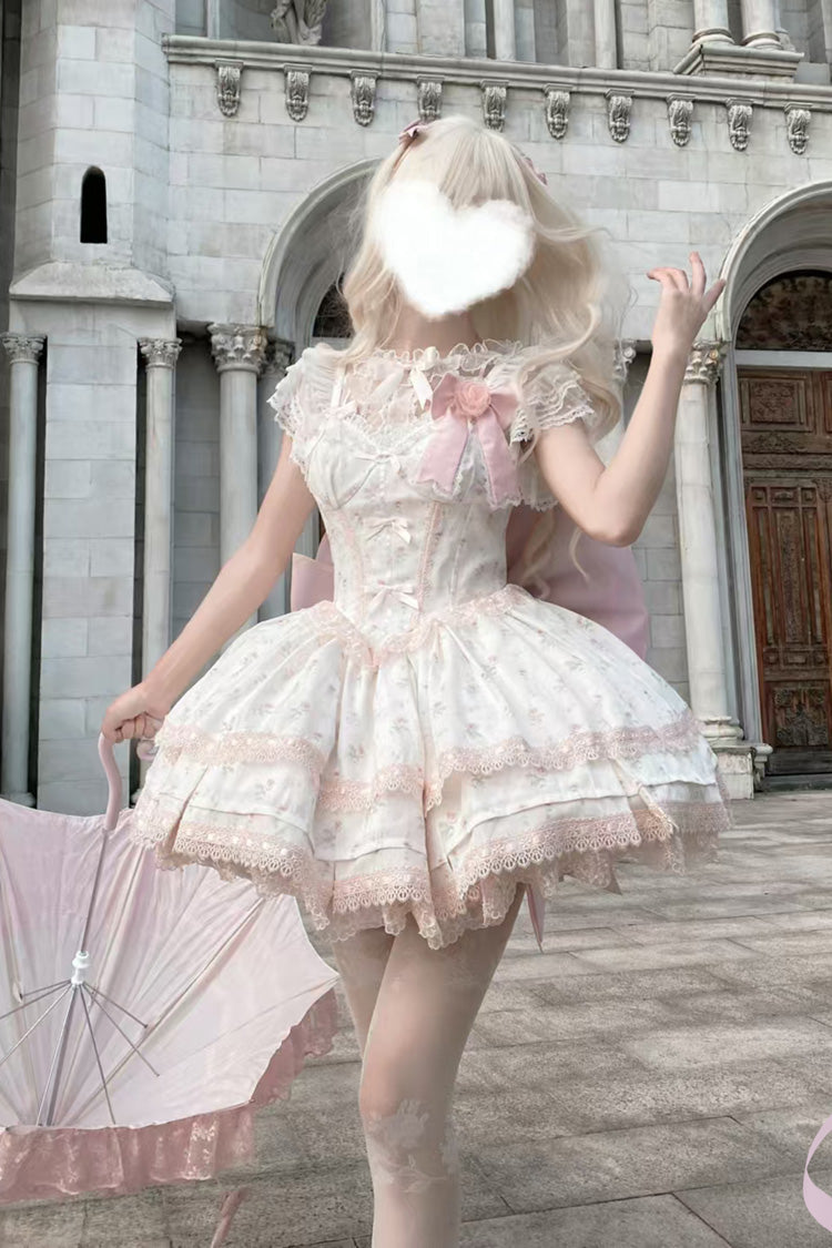 Pink [First Love Rose] Multi-Layered Print Ruffle Bowknot Lace Sweet Lolita Jsk Dress Set - Product - 4