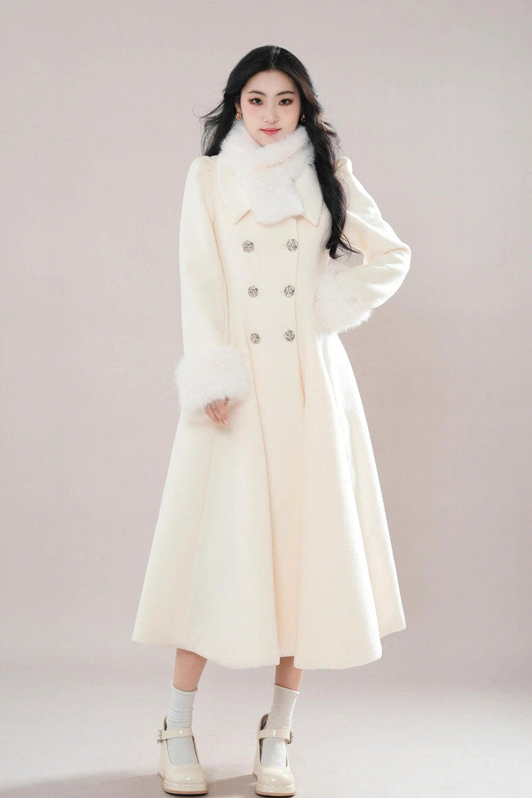 Beige Double-breasted Long Sleeves Removable Fur Collar Sweet Elegant Princess Lolita Coat - Beige - 1