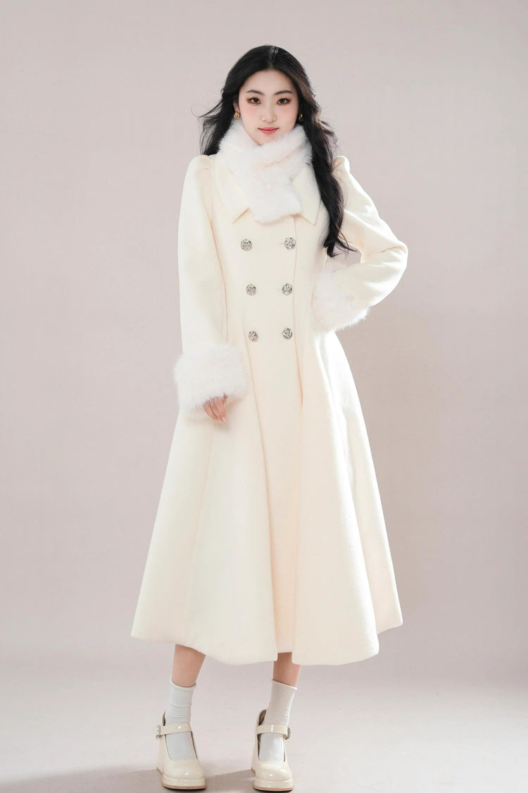 Beige Double-breasted Long Sleeves Removable Fur Collar Sweet Elegant Princess Lolita Coat - Beige - 1