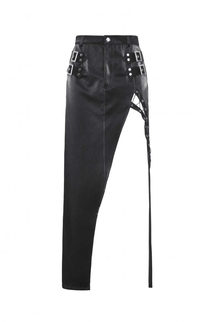 Black Leather Women's Punk Buckled Side Slit Irregular Hem Skirt - Product - 3
