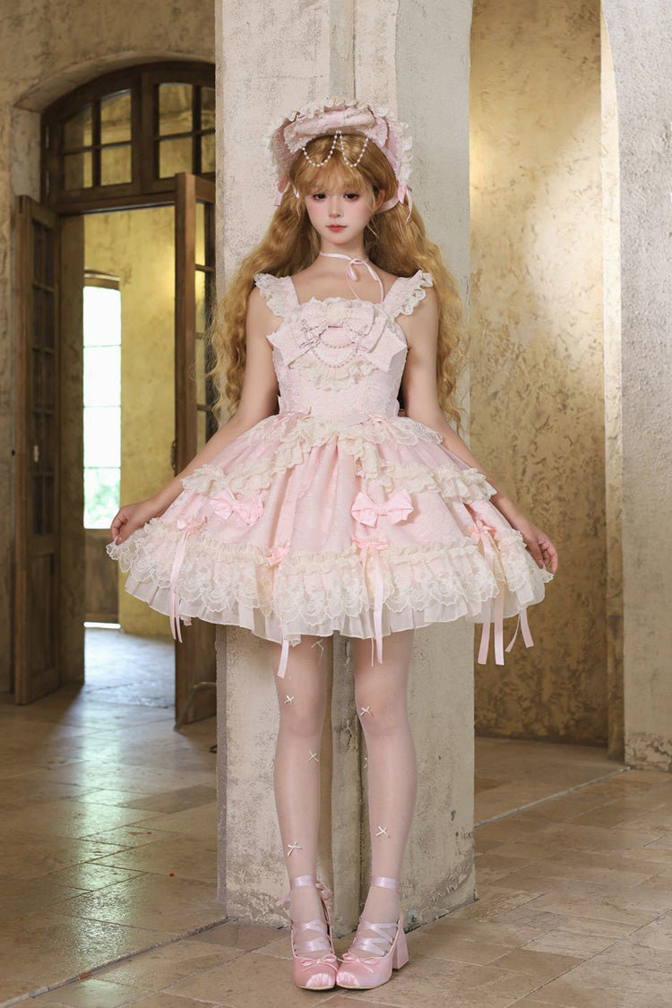 Pink [Blossoming Heart Love ] Sleeveless Dark Jacquard Print Bowknot Lace Sweet Lolita Jsk Dress - Product - 5