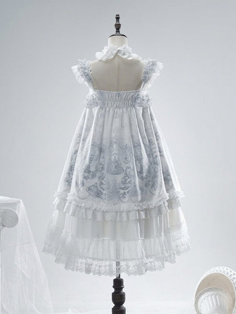 Gothic White Candle Print Waistless Lolita JSK Dress with Lace Details + Choker + Candle Embroidered Brooch Set - view 3