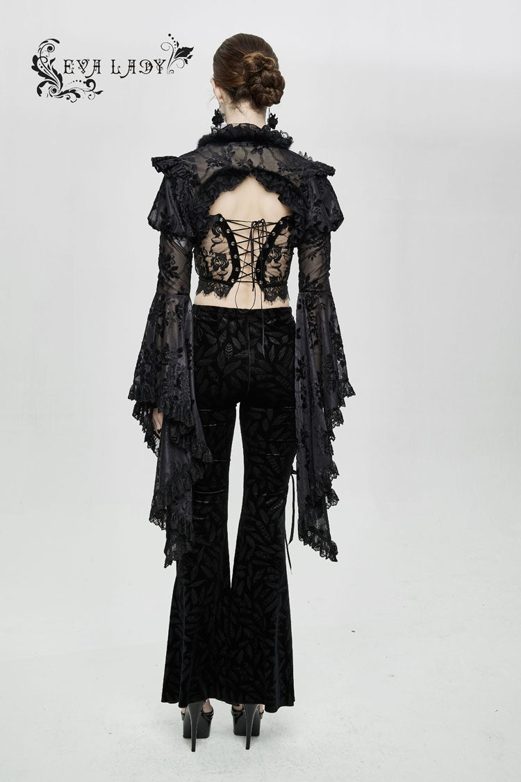 Black Transparent Lace Trim Big Trumpet Sleeve 3D Flower Rabbit Fur Lace Women's Gothic Shawl - Product - 4