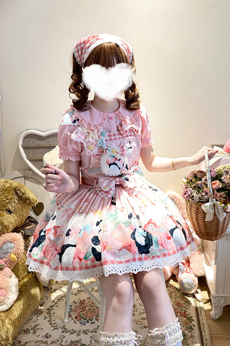 Panda Peach Print Bowknot Sweet Lolita Strap Dress 3 Colors - Product - 6