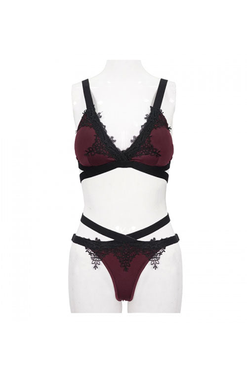 Black Red Lace Cross Strap Burgundy Gothic Swimsuit Set - Product - 12