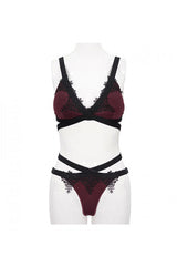 Black Red Lace Cross Strap Burgundy Gothic Swimsuit Set - Product - 12