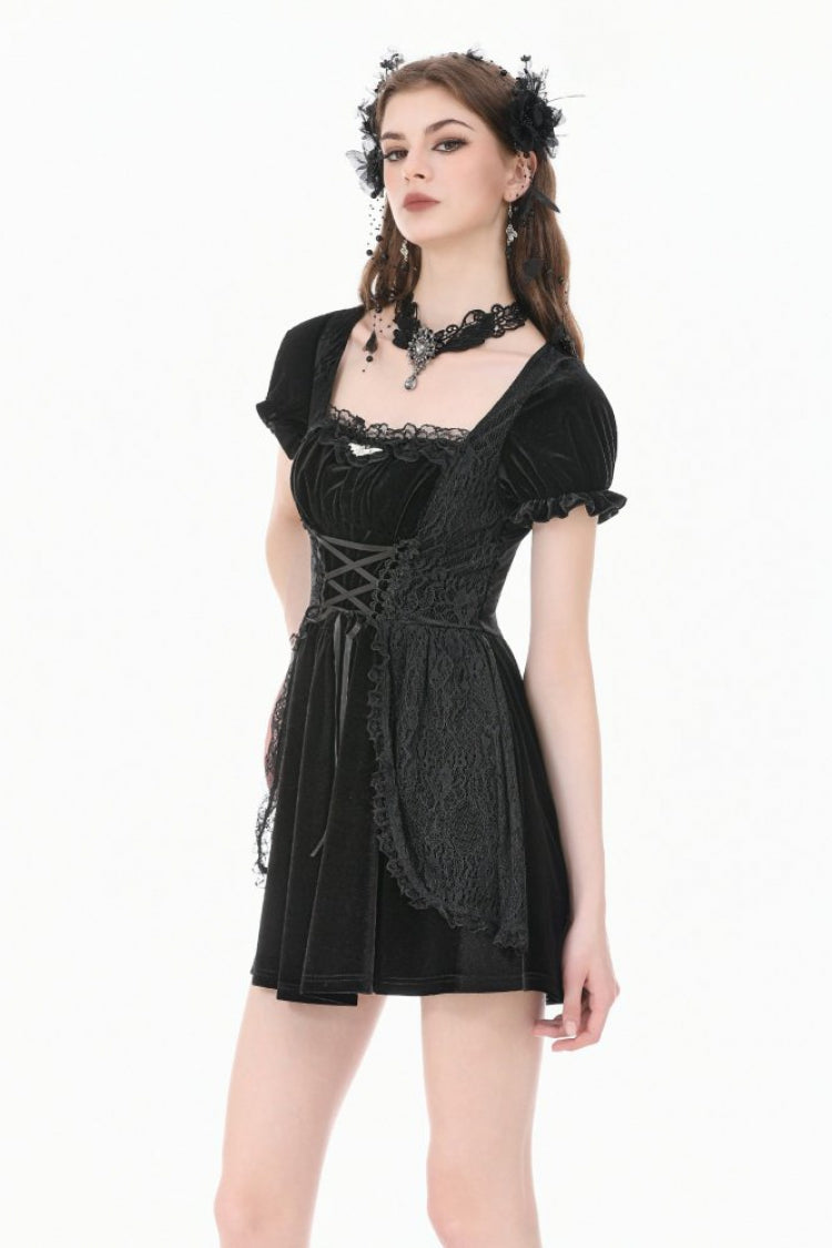 Black Square-Cut Collar Short Puff Sleeves Lace Patchwork Velvet Lace-Up Women's Gothic Vintage Dress - Product - 8