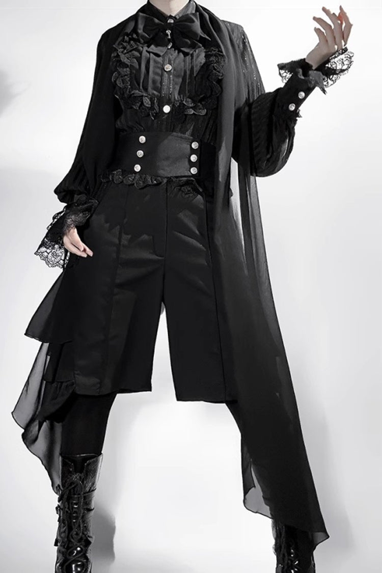 Black [Eternal City] Long Sleeves Lace Gothic Prince Medieval Ouji Lolita Blouse Knee-Length Shorts Set - Product - 11