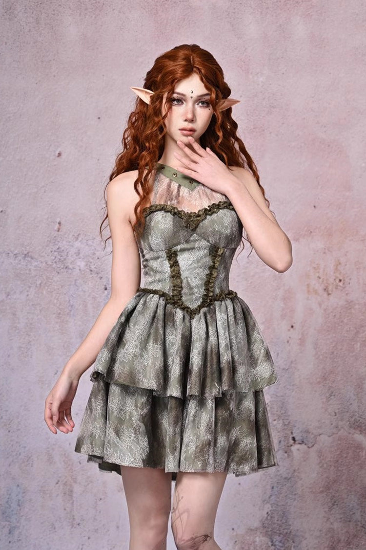 Light Green Halterneck Double-Layered Print Ruffle Lace Tie-dyed Vintage Jsk Dress - Product - 4