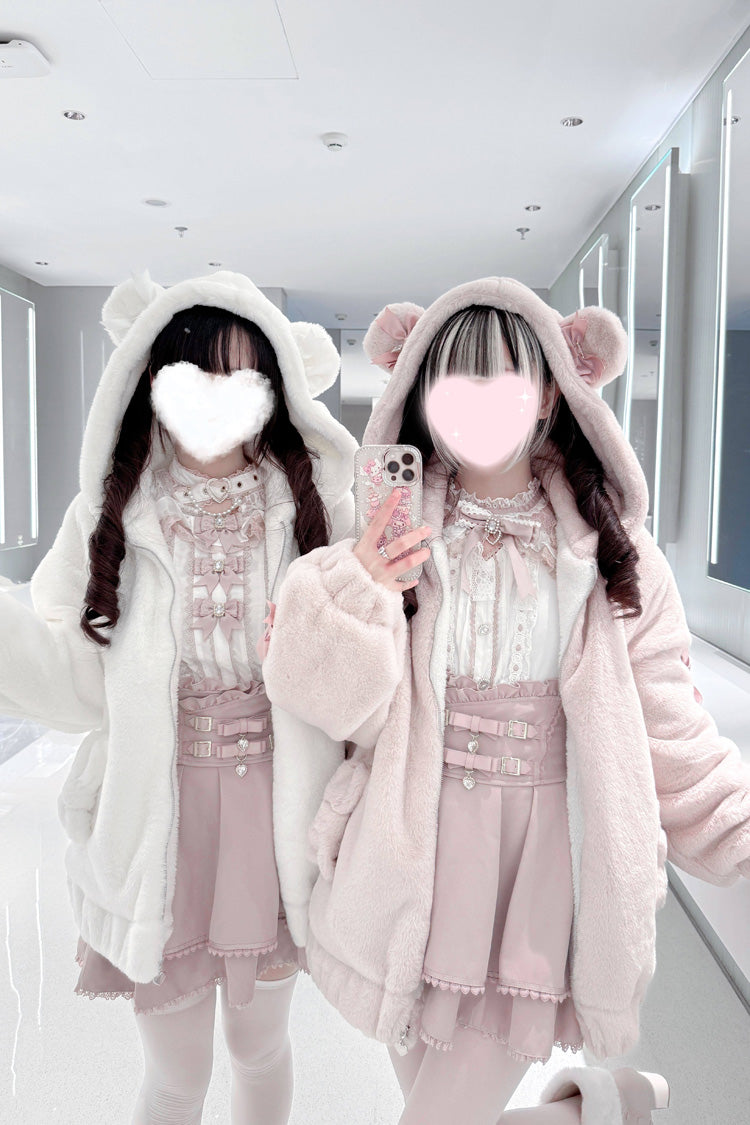 [Sleepy Bear Fluffy] Bear Ears Long Sleeves Bow Lace-Up Hooded Zippered Sweet Jirai Kei Japanese Coat - Product - 15