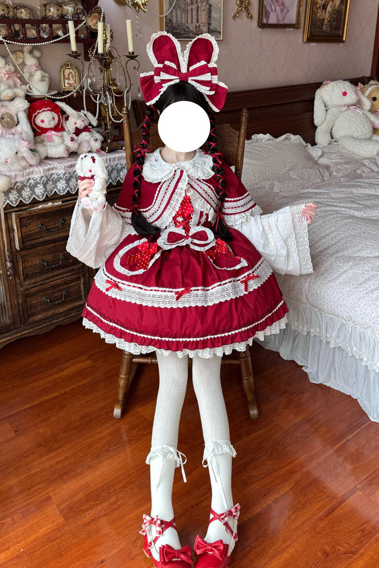 Red [Bobo Bunny Doll] Printed Ruffled Bow Lace-Up Sweet Lolita Jsk Dress 2 Colors - Product - 4