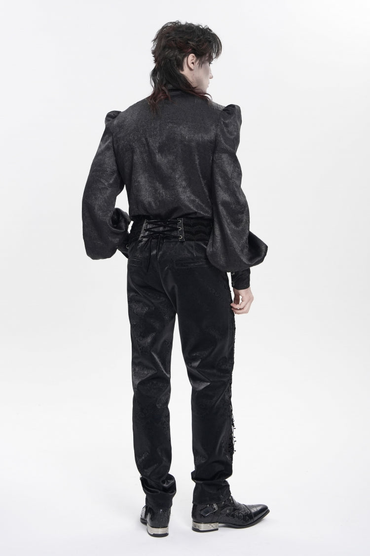 Black Printed Embroidered Spliced Lace-Up Men's Gothic Pants - Product - 2