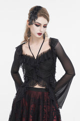 Black Lace Up Ruffled Trumpet Sleeves Mesh Women's Gothic Shirt - Product - 2