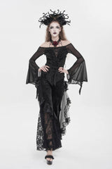 Black Embroidered Lace Women's Printed Mesh Floral Gothic Pants - Black - 1