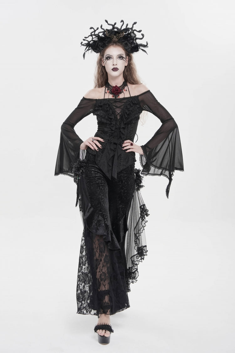 Black Embroidered Lace Women's Printed Mesh Floral Gothic Pants - Black - 1