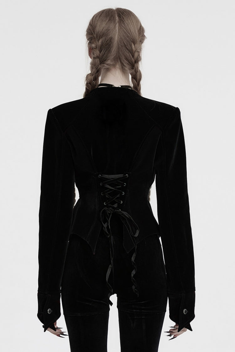 Black V Collar Long Sleeves Floral Embroidery Lace-Up Women's Gothic Jacket - Product - 3