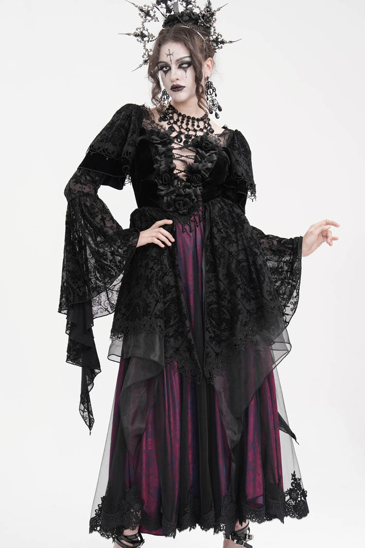 Black/Purple Crochet Long Sleeves Hanayome Lace Women's Gothic Dress - Black/Purple - 1