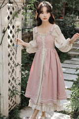 Pink/Apricot Square Collar Long Sleeves Ruffled Embroidered Lace-Up Sweet Lolita Two-Piece Dress Set - Product - 6