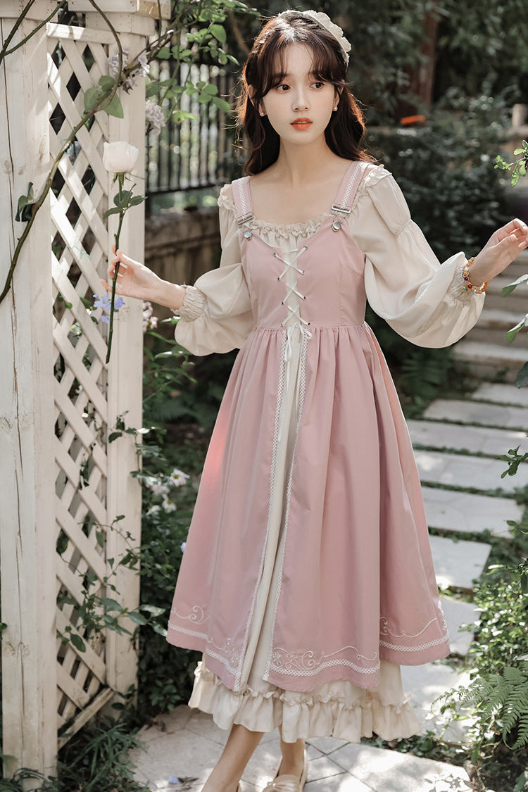 Pink/Apricot Square Collar Long Sleeves Ruffled Embroidered Lace-Up Sweet Lolita Two-Piece Dress Set - Product - 6