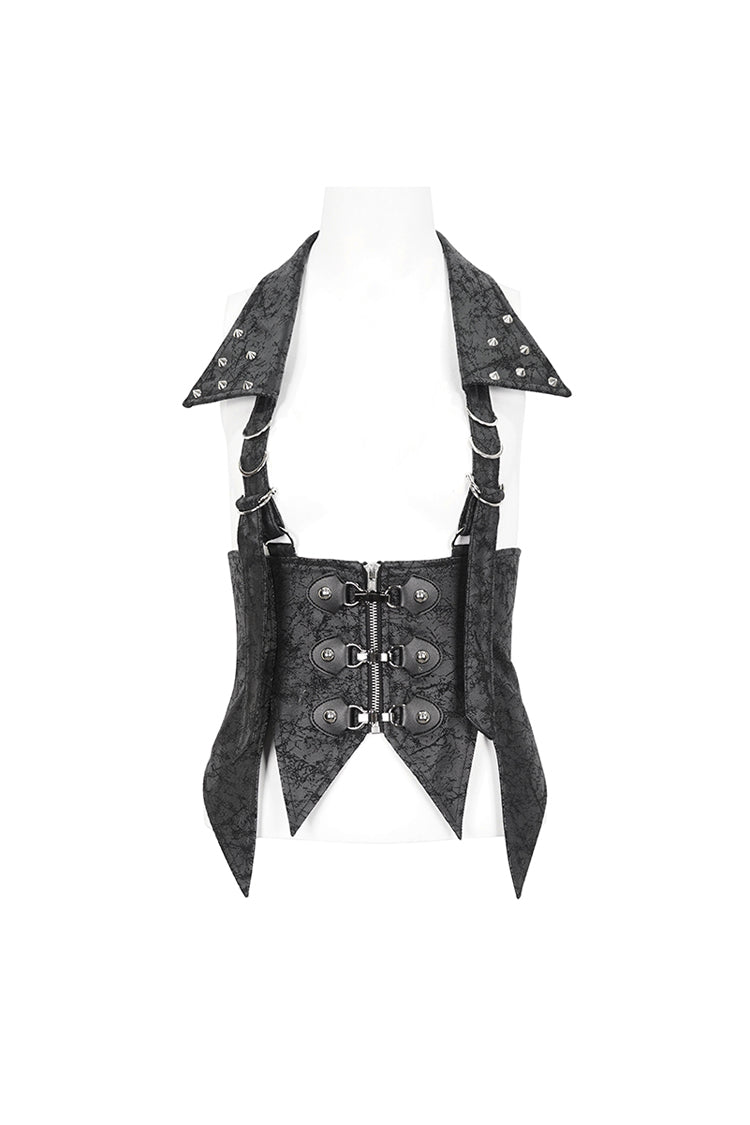 Black Irregular Lace Up Women's Gothic Vest With Detachable Collar - Product - 7