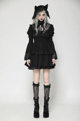 Black Lace Ruffled Stand Collar Long Puff Sleeves Cut-Out Women's Gothic Grad Dress - Product - 5