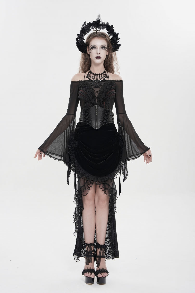 Black Embroidered Rose Lace-up Irregular Women's Gothic Hem Skirt - Black - 1