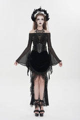 Black Embroidered Rose Lace-up Irregular Women's Gothic Hem Skirt - Black - 1