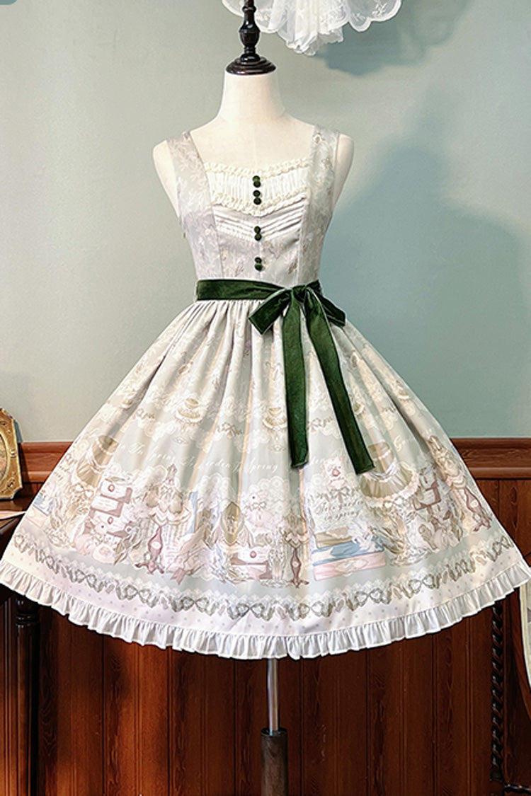 [Iris Study] V Collar Sleeveless Print Bowknot Lace Sweet Lolita Jumper Dress 2 Colors - Green - 7