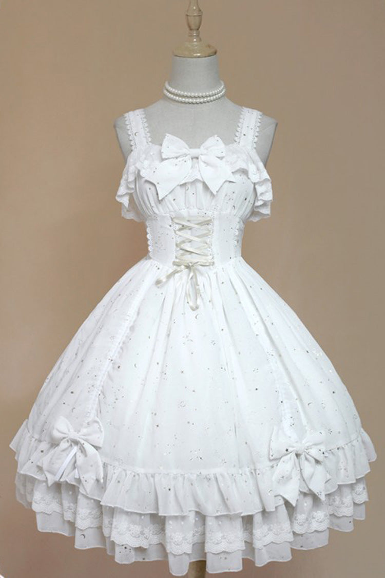 [Wishing Stars] Double-Layered Ruffle Bowknot Lace-Up Gothic Lolita Jsk Dress Version 1 - White - 2