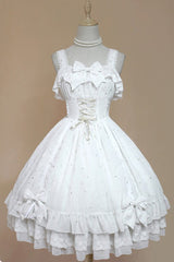 [Wishing Stars] Double-Layered Ruffle Bowknot Lace-Up Gothic Lolita Jsk Dress Version 1 - White - 2