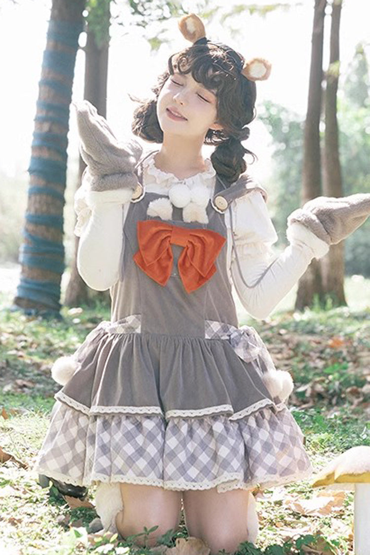 Grey Cute Grizzly Bear Plaid Print Bowknot Sweet Lolita Jsk Dress - Product - 4