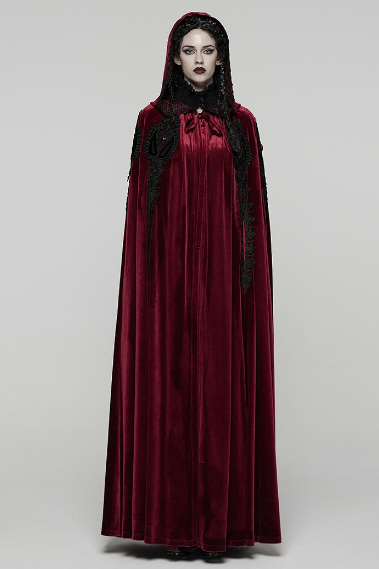 Red Floral Embroidery Diamante Velvet Hooded Women's Gothic Cloak - Red - 1