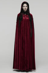 Red Floral Embroidery Diamante Velvet Hooded Women's Gothic Cloak - Red - 1