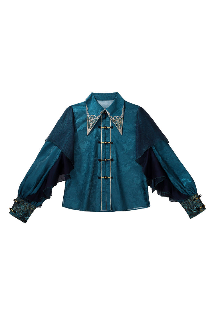 Black/Green Round Collar Long Sleeves Ruffle Embroidery Chinese Style Vintage Handsome Ouji Lolita Set - Product - 13