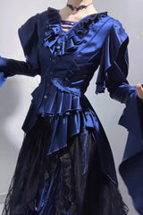 [Echoes of the Deep Sea] Long Hime Sleeves Ruffled Bow Lace-Up Gothic Ouji Lolita Blouse 4 Colors - Product - 7