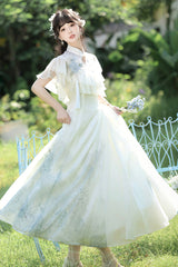 White [Hydrangea Message] Short Sleeves Print Ruffle Lace Sweet Chinese Style Elegant Lolita Dress - Product - 12