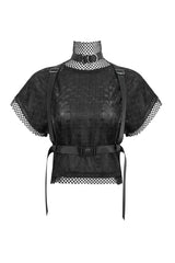 Black Short Sleeve High Collar Mesh Stitching Diamond Mesh Women's Punk T-Shirt - Black - 1