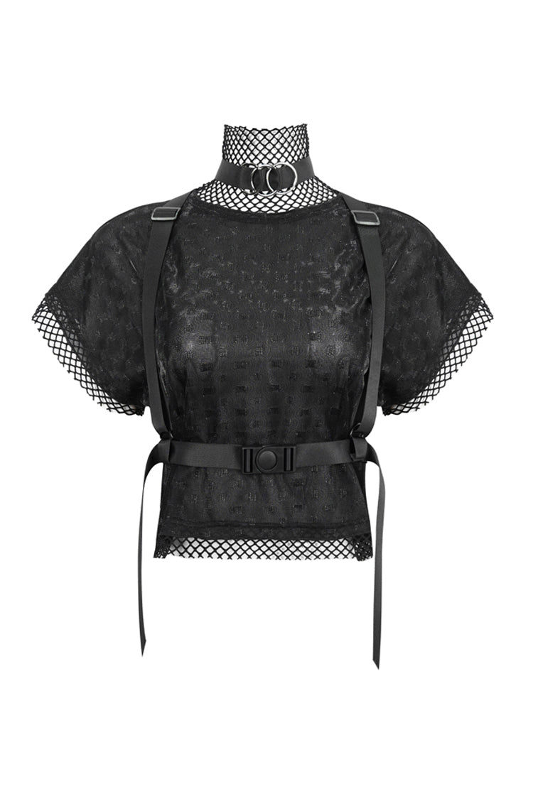 Black Short Sleeve High Collar Mesh Stitching Diamond Mesh Women's Punk T-Shirt - Black - 1