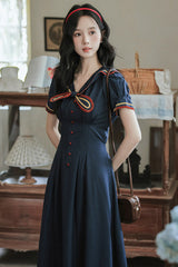 Dark Blue Navy Collar Short Sleeves Subtle Pattern Bow Classic College Style Lolita Dress - Product - 5