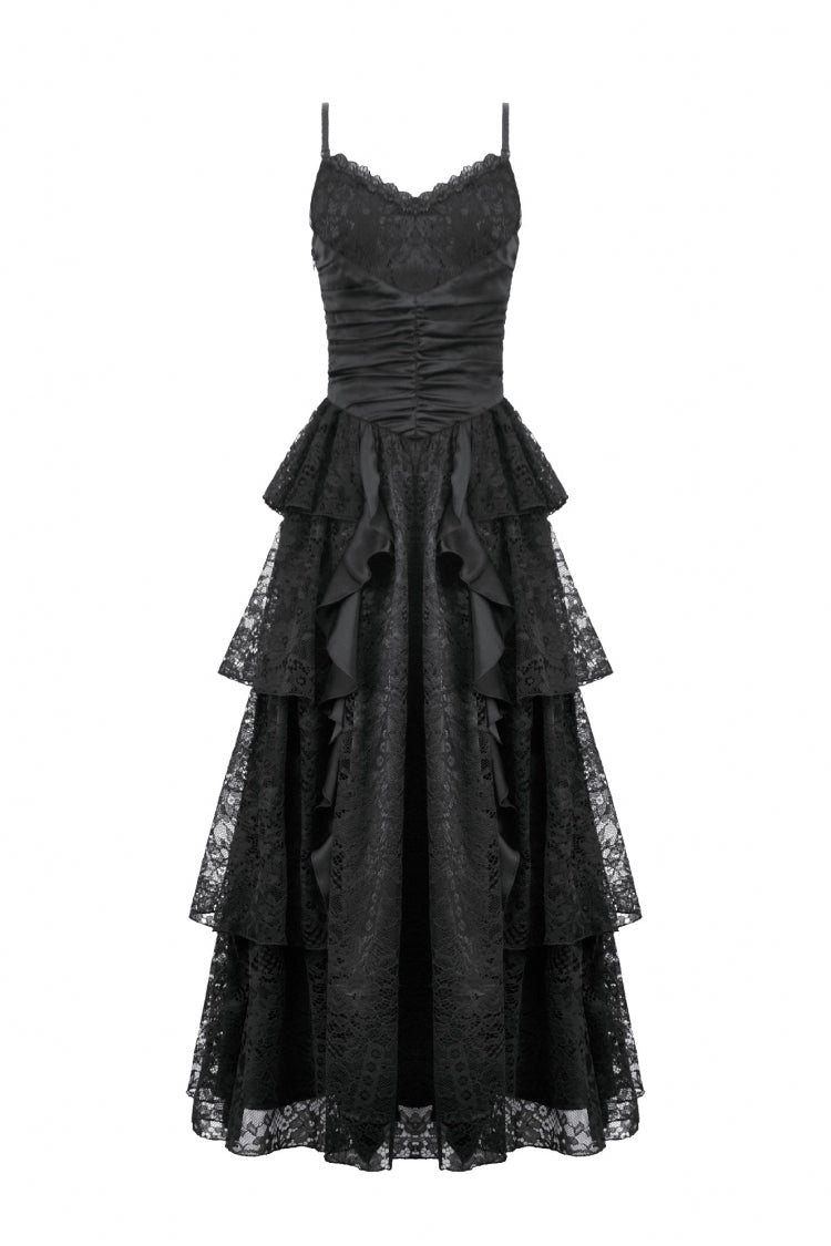 Black Sleeveless Multi-Layered Lace Ruched Women's Gothic Slip Maxi Dress Wedding Dress - Product - 3