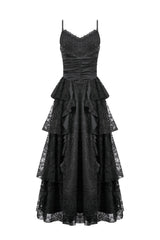 Black Sleeveless Multi-Layered Lace Ruched Women's Gothic Slip Maxi Dress Wedding Dress - Product - 3