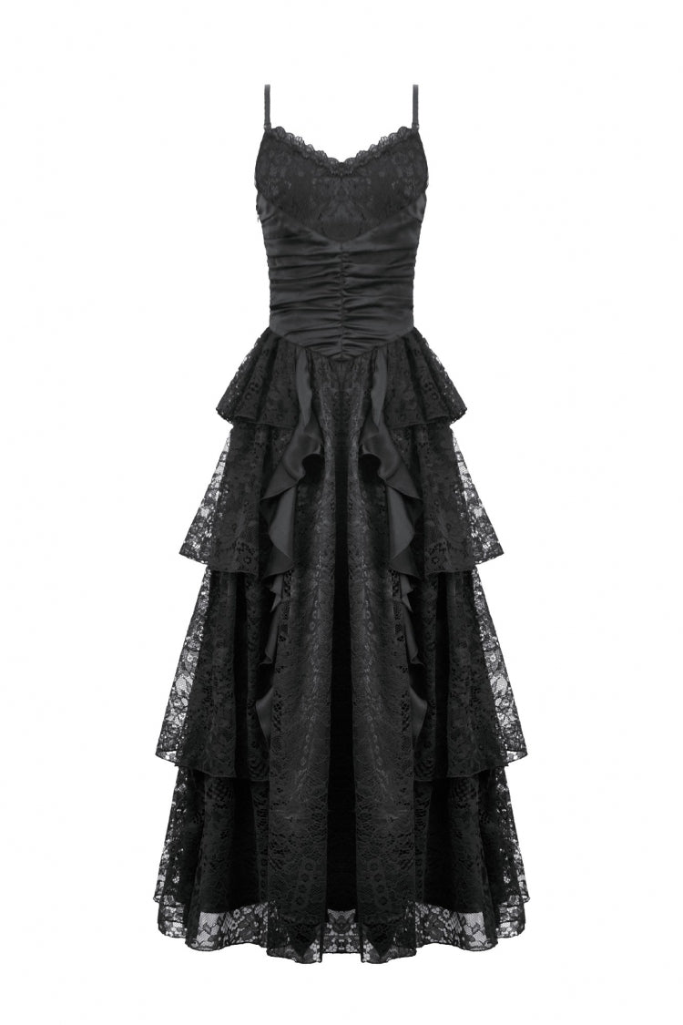 Black Sleeveless Multi-Layered Lace Ruched Women's Gothic Slip Maxi Dress Wedding Dress - Product - 3