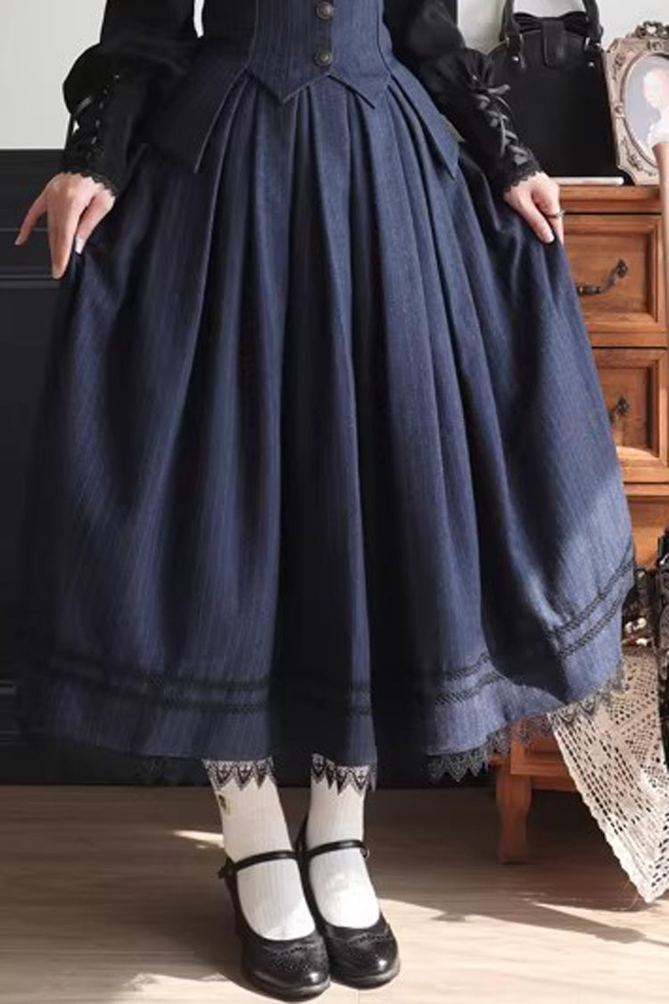 Blue [Griffin’s Pact] Striped Printed Ruffled Gothic Lolita Skirt Vest Set - Skirt - 5