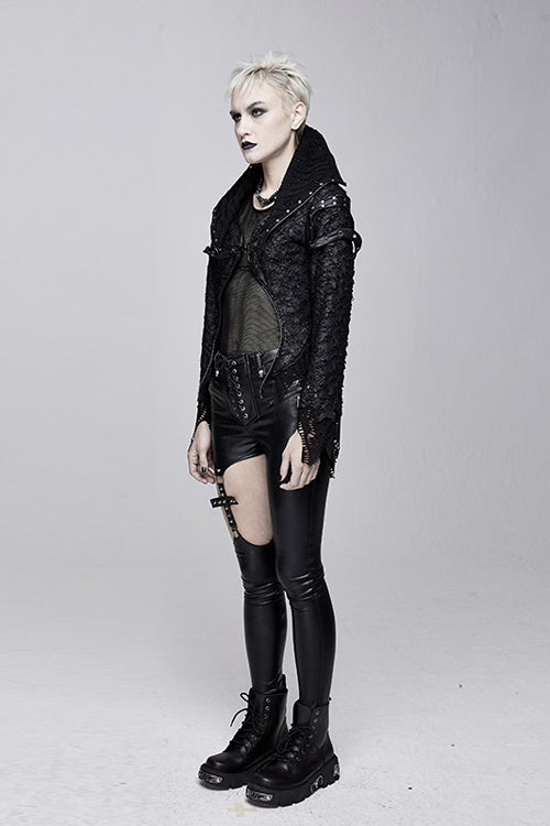 Black Punk Rock Short Front And Long Back Broken Holes Womens Jacket - Product - 2