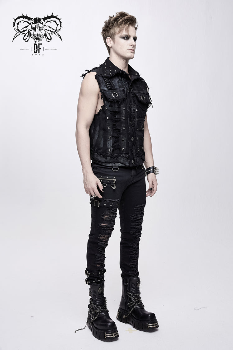 Black Heavy Metal Rivet Back Printed Coarse Twill Worn Out Men's Punk Waistcoat - Product - 6
