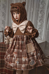 Brown Chest Big Bow Lantern Sleeves Mushroom Print With Hat Sweet Lolita OP Dress - Product - 2