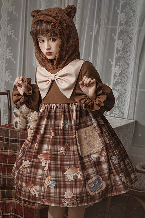 Brown Chest Big Bow Lantern Sleeves Mushroom Print With Hat Sweet Lolita OP Dress - Product - 2